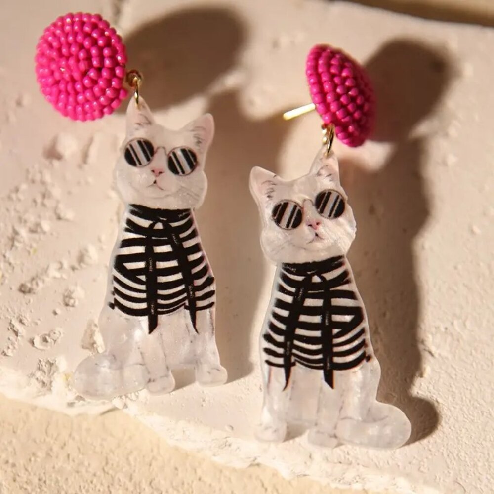 Whimsical Cat Acrylic Resin Dangle Stainless Steel Posts Statment Earrings